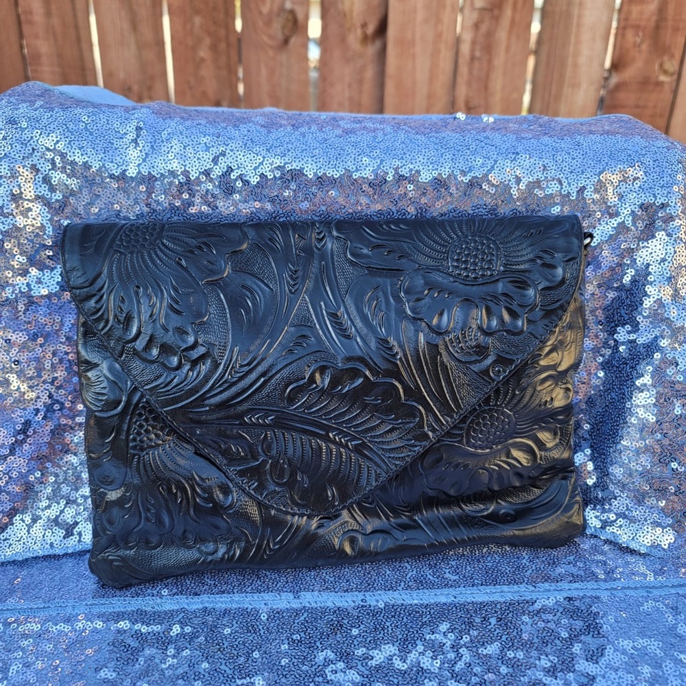 black leather envelope style crossbody purse